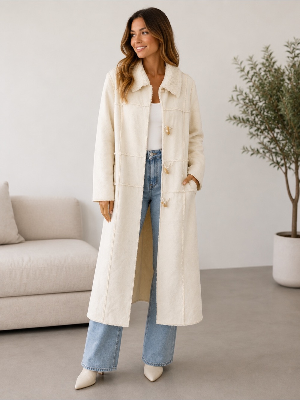 White House Black Market Long Cream Sherpa-Trim Trench Coat